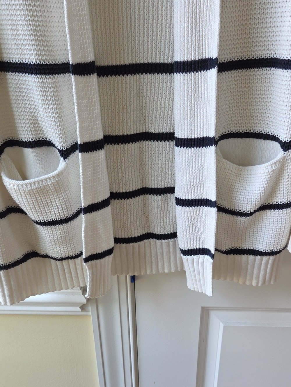 Athleta Highland Wrap waffle knit cardigan sweater in cream/navy stripe sz XS - Picture 4 of 7